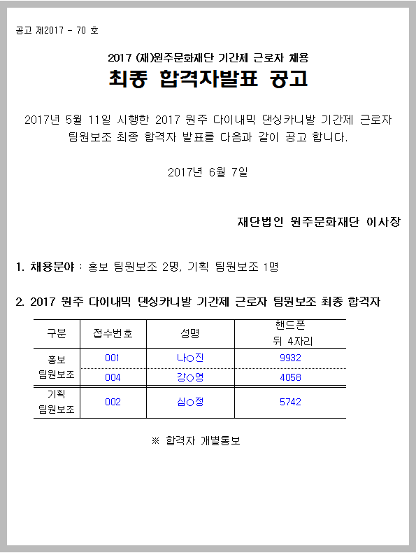 2017 원주 다이내믹 댄싱카니발 최종 합격자 공고.PNG